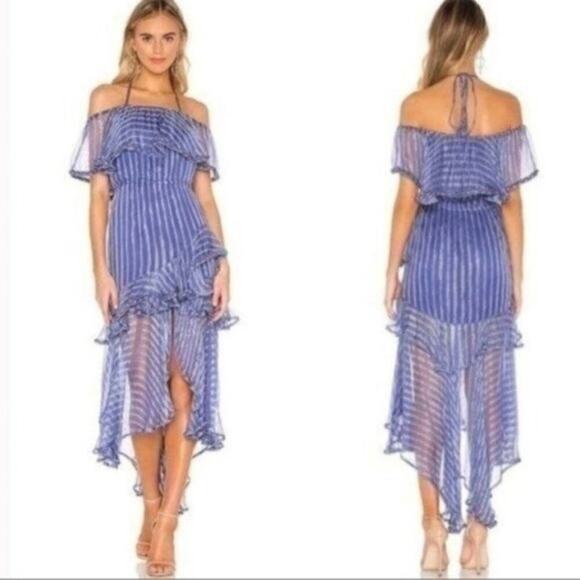 Misa Los Angeles Dress Blue Gold Medium Ambrosia Ruffle Hem Boho Festival NEW - Picture 2 of 16